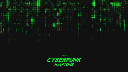 Abstract vector green cyberpunk halftone sound wave. Scrathed dotted texture element.