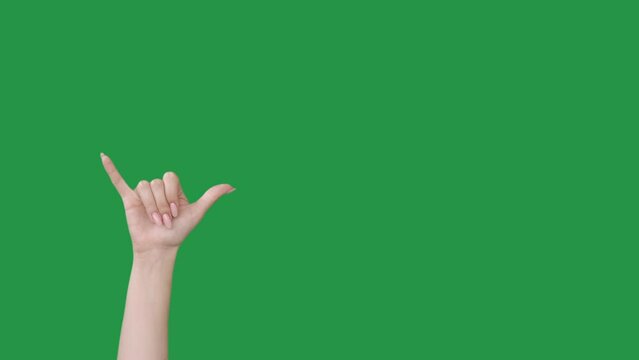 Call gesture. Shaka sign. Hang loose. Ringing phone sign. Female hand showing greeting signal isolated on green chroma key copy space advertising background set of 2.