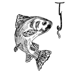 Vector hand drawn illustration of a fish on a hook. Sketch.