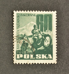 Cancelled postage stamp printed by Poland, that shows Motorcyclists, 13th International Motorcycle...