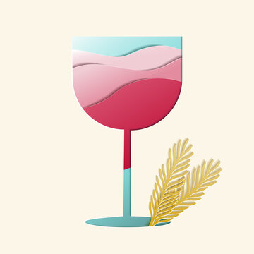 Red Wine Glass. Gin And Tonic Cocktail With Rosemary. Paper Cut Out Style. Vector Illustration.