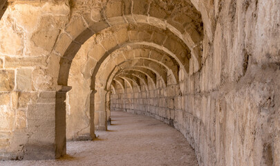 Aspendos. The columned gallery above the auditorium-theatre of the Roman Amphiteatre Aspendos, a tourist attraction in Antalya, Turkey.
