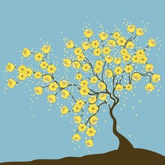 Cute tree with yellow flower pattern on a blue background. - 496467847