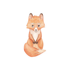 Cute fox watercolor on a white background. children's watercolor illustration. Children's print with forest animals. Hand drawn painted character for Kids, Greeting Card design, Postcards and more.