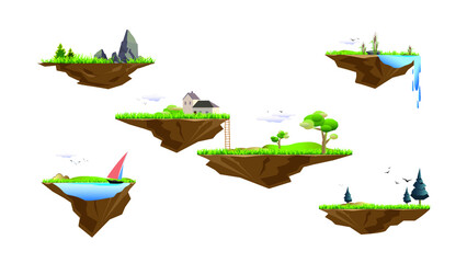 Set of game elements. The platforms with grass, trees,  mountains, stones, houses, lakes with cattail bushes and a sailboat, a waterfall, others. Vector drawings for mobile games.