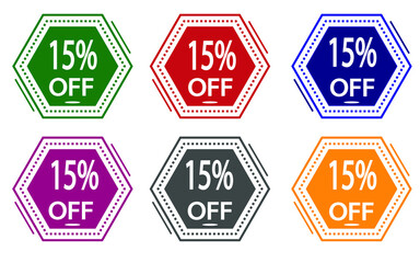 15% discount on colored label. special offer icon for stores green, red, blue, pink, gray and orange.