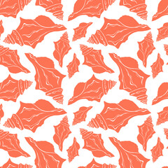 Orange flat silhouette sea shells seamless pattern for fabric, textile, apparel, cloth, interior, stationery, package. Modern maritime endless texture. Tropical ocean shells editable design.