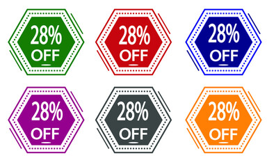 28% discount on colored label. special offer icon for stores green, red, blue, pink, gray and orange.