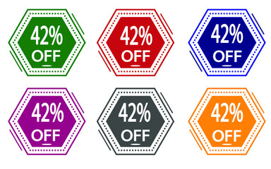 42% discount on colored label. special offer icon for stores green, red, blue, pink, gray and orange.