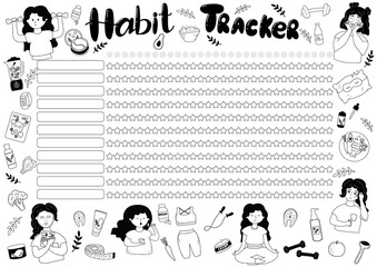 Vector illustration of a habit tracker in A4 format with doodle illustrations of a healthy lifestyle