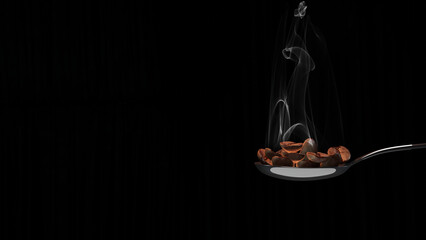 Hot baked coffee seed on a metal spoon with black background (3D Rendering)