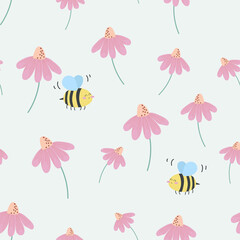 Vector seamless pattern with cute flowers and a bee. Bee on a flower meadow