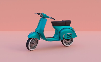 Fototapeta na wymiar blue retro scooter. Modern personal transport. Classic motorcycle side view. 3D rendering
