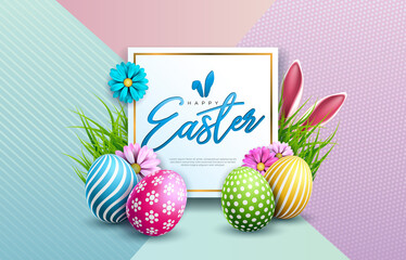 Happy Easter Illustration with Colorful Painted Egg, Spring Flower and Rabbit Ears on Abstract Pastel Background. International Holiday Design for Greeting Card, Party Invitation or Web Banner.