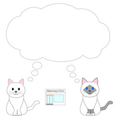 White cat and Birman cat with a speech balloon and veterinary clinic icon
