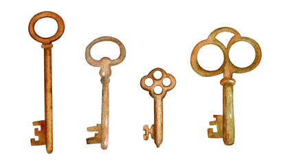 Set of vintage keys. Watercolor hand drawn - 496471651