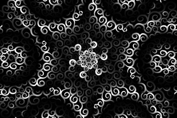 seamless circular circle  Black and white caleidoscope gradient flower art pattern of indonesian traditional tenun batik ethnic dayak ornament for wallpaper ads background 
