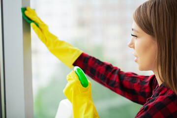 Happy young woman housewife washes a window