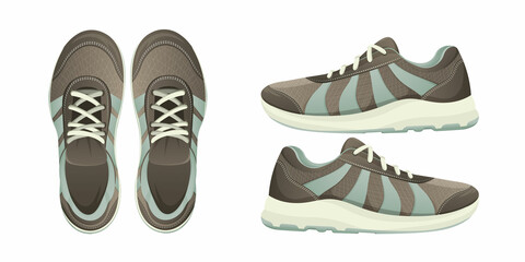 Sport sneakers in various positions, vector illustration, element of run and fitness shoes. Healthy lifestyle concept, control weight, keep fit, isolated transparent background