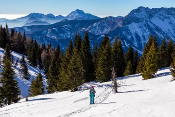 Fotobehang Active woman snow shoe hiking on a trail with scenic view on snow capped mountain peaks of Karawanks in Carinthia, Austria. Ski tour. Julian Alps. Sunny winter day. Freedom. Winter wonderland,Hochobir © Chris