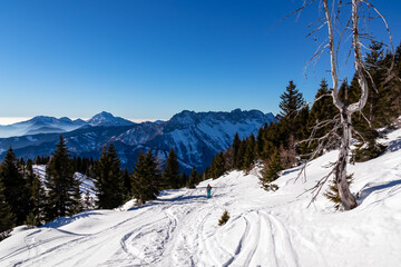 Fototapeta premium Active woman snow shoe hiking on a trail with scenic view on snow capped mountain peaks of Karawanks in Carinthia, Austria. Ski tour. Julian Alps. Sunny winter day. Freedom. Winter wonderland,Hochobir