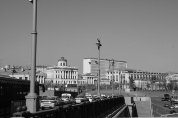 Black and white photography. Panoramic view of the Big stone bridge and Pashkov's house-palace. 03.24. 2022 Moscow, Russia.