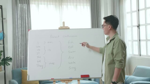 Asian Male Teacher With Glasses Teaching English At Home
