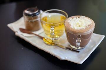 White Chocolate Mocha With sugar and tea.