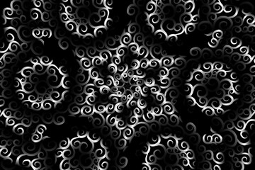 seamless circular circle  Black and white caleidoscope gradient flower art pattern of indonesian traditional tenun batik ethnic dayak ornament for wallpaper ads background 
