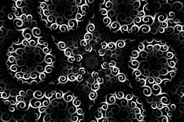 seamless circular circle  Black and white caleidoscope gradient flower art pattern of indonesian traditional tenun batik ethnic dayak ornament for wallpaper ads background 
