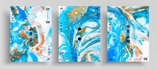 Abstract vector banner, texture set of fluid art covers. Trendy background that can be used for design cover, invitation, flyer and etc. Blue, white and orange unusual creative surface template.