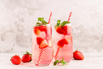 Fresh healthy iced strawberry lemonade with mint