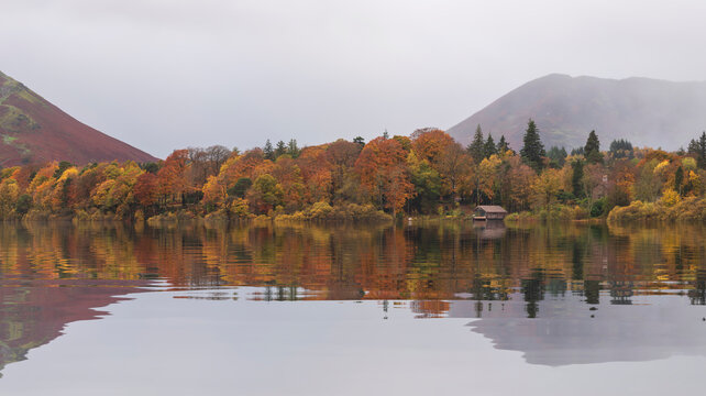 Stunning landscape image of Catbells viewed acros Derwentwater during Autumn in Lake District with mist rolling across the hills and woodland