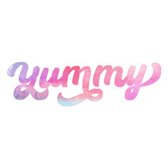 Word ‘Yummy’ written in hand-lettered watercolor script font.