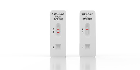 Covid-19 rapid test kit concept: Two personal express medical testing device in 3D rendered. Positive and negative coronavirus SARS-COV-2 Antigen Rapid Test Result on white background with copy space 