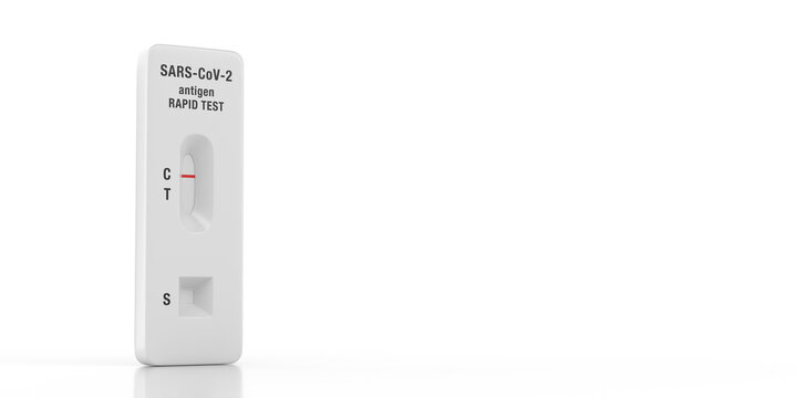 Covid-19 rapid test kit concept: Personal express medical testing device in 3D rendered. Negative coronavirus SARS-COV-2 Antigen Rapid Test Result on white background with copy space 