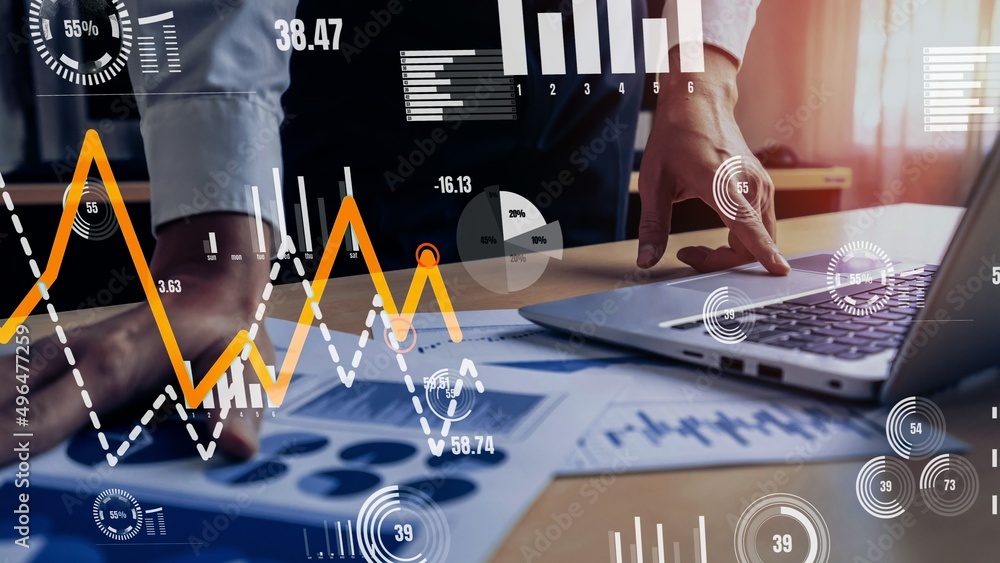 Poster conceptual business dashboard for financial data analysis . 3d render computer graphic .