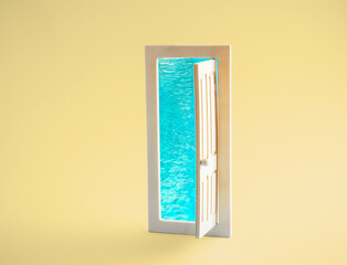 Fresh cold blue water in open wooden door on yellow background. Hello summer poster concept.