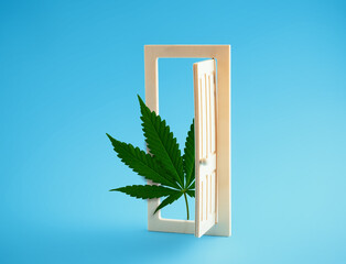 Marijuana leaf in open door on  blue background. Minimal art poster.
