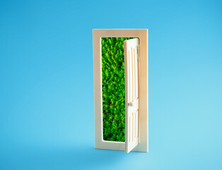 Open door with fresh green grass inside. Concept of ecology and nature. Earth Day.