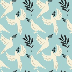 Seamless pattern with pigeons with olive vecta on a blue background. Dove as a symbol of world peace and freedom for Ukraine in wartime.