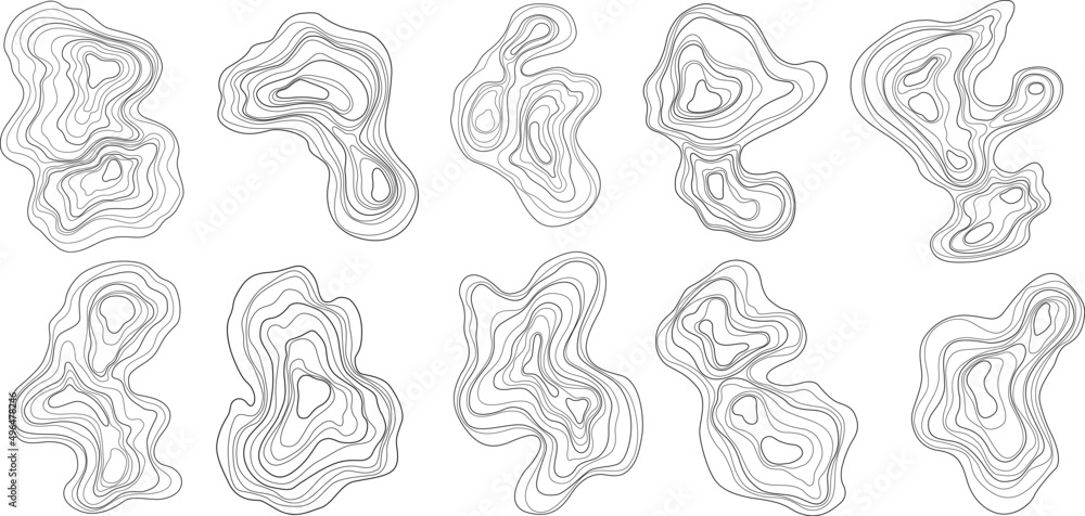 Wall mural set of abstract tree rings. vector topographic map design elements. contour map concept. thin wavy l