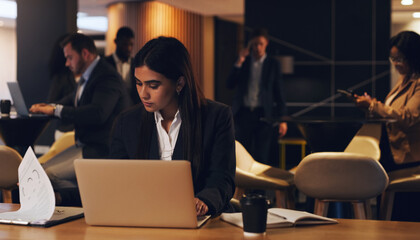 Staying late with the rest of her team. Shot of a young businesswoman going through paperwork while...