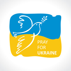 Pray for Ukraine. Flying bird as a symbol of peace on the background of the Ukrainian flag. The concept of peace in Ukraine. Vector illustration.
