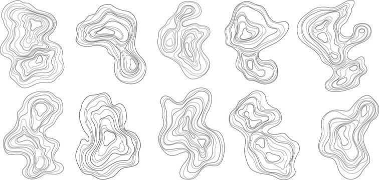 Set of abstract tree rings. Vector topographic map design elements. Contour map concept. Thin wavy lines.