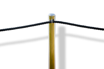 Metal chromed pole with black rope on white background