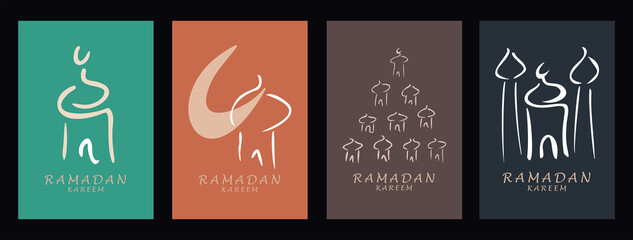 Set of vector illustration Ramadan Kareem with symbol of mosque. Islamic greeting card template with ramadan for wallpaper design, poster, media banner. 