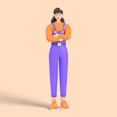 3d female character standing and thinking with arms crossed pose