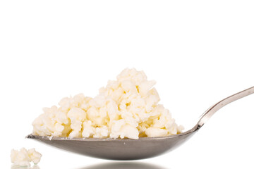 Fragrant tasty cottage cheese with a metal spoon, macro, isolated on a white background.