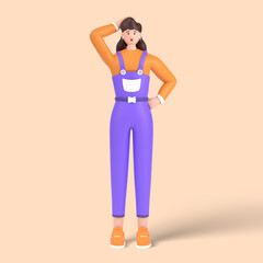 3d female character confused and annoyed, holding hands on waist pose